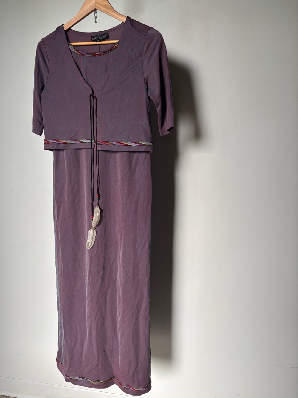 Y2K Carole Little Mauve Maxi Dress with Beaded Feather Tassel Rare Vintage